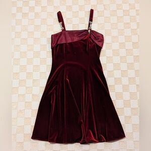 Celine Y2K Vintage Burgundy Velvet Dress with Rhinestone Bow Accents